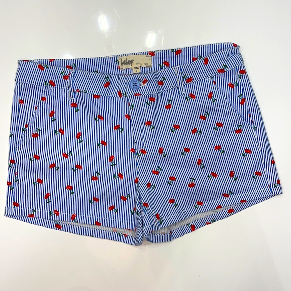 Bebop Cherries Print Striped Shorts